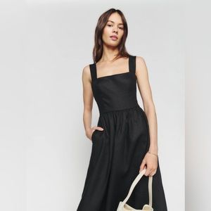 NWT Reformation Black Linen Midi Dress w/ Criss-Cross Back, Sz 4